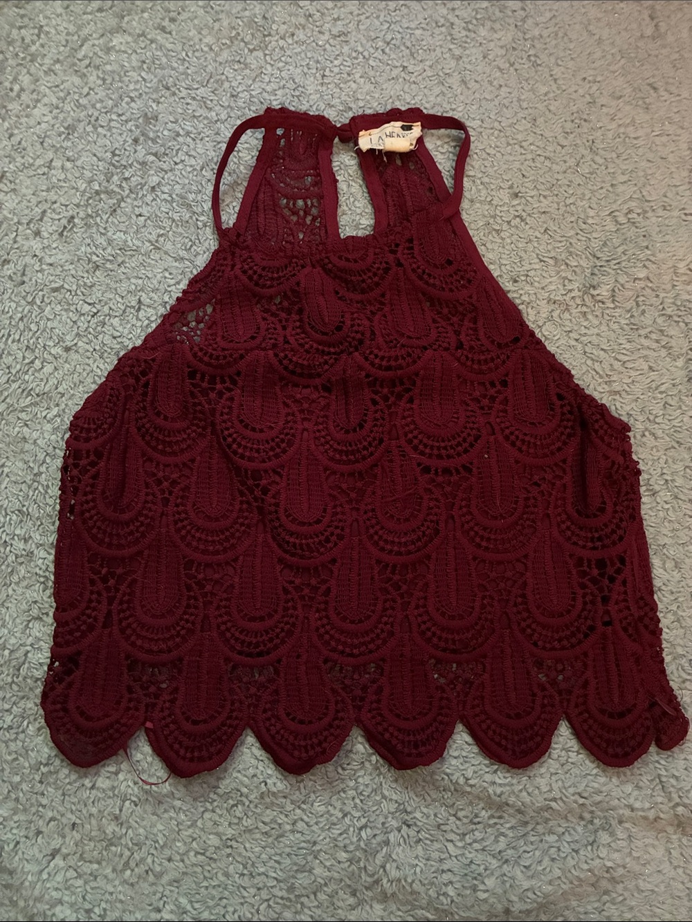 La Hearts Burgundy Crochet Halter Top